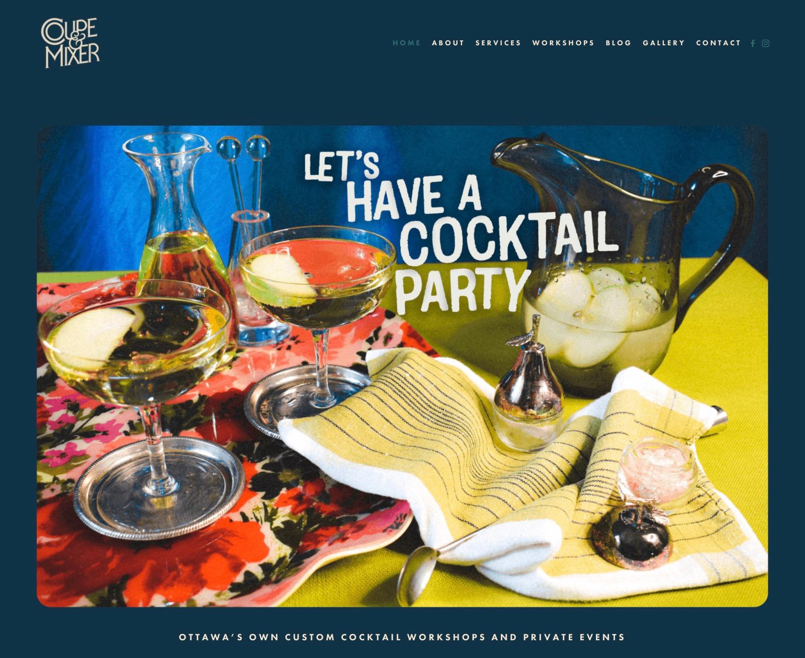 screenshot of Coupe and Mixer's homepage featuring a photograph of a vintage cocktail spread with the words 'Let's have a cocktail party'