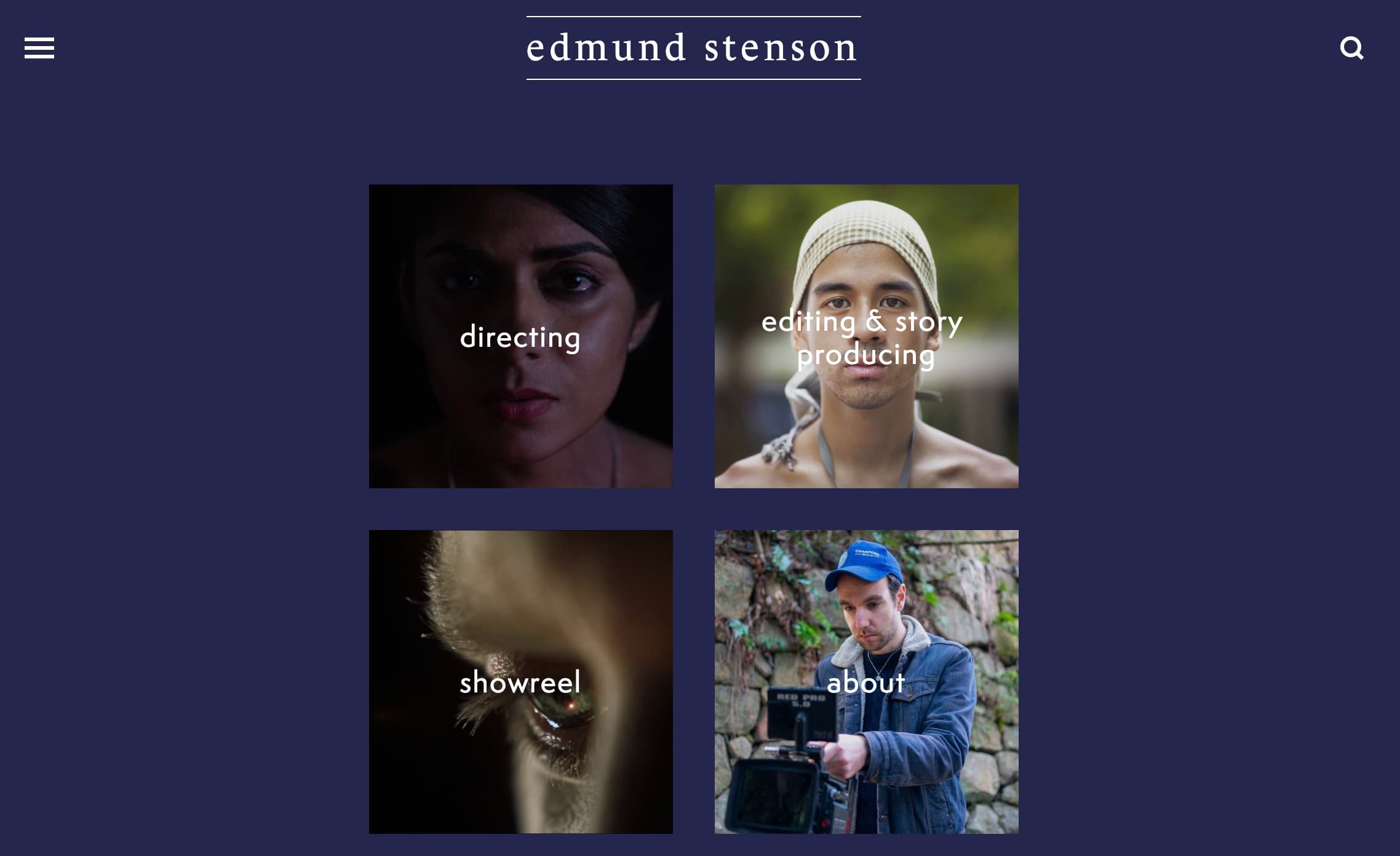 screenshot of Edmund Stenson's portfolio with a grid of four images that link to his website's pages: his portfolio of directing work, his editing and story producting work, his showreel and his bio